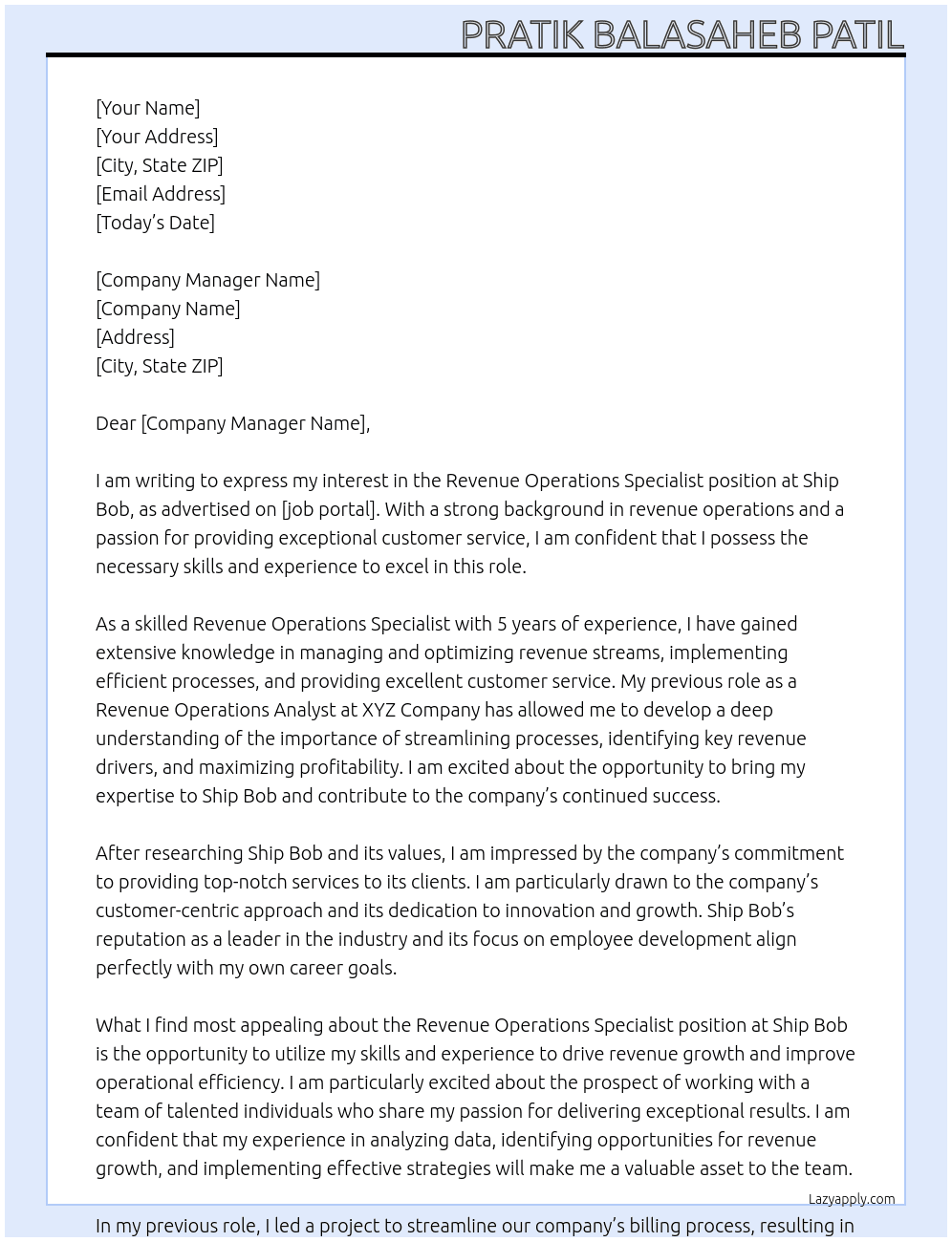 Revenue Operations Specialist  At Ship Bob  Cover Letter