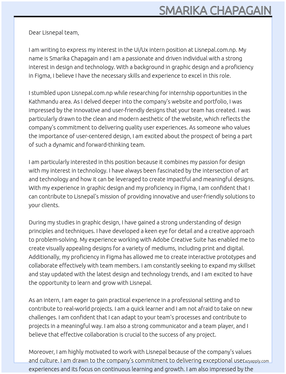 Ui/Ux intern At Lisnepal.com.np Cover Letter