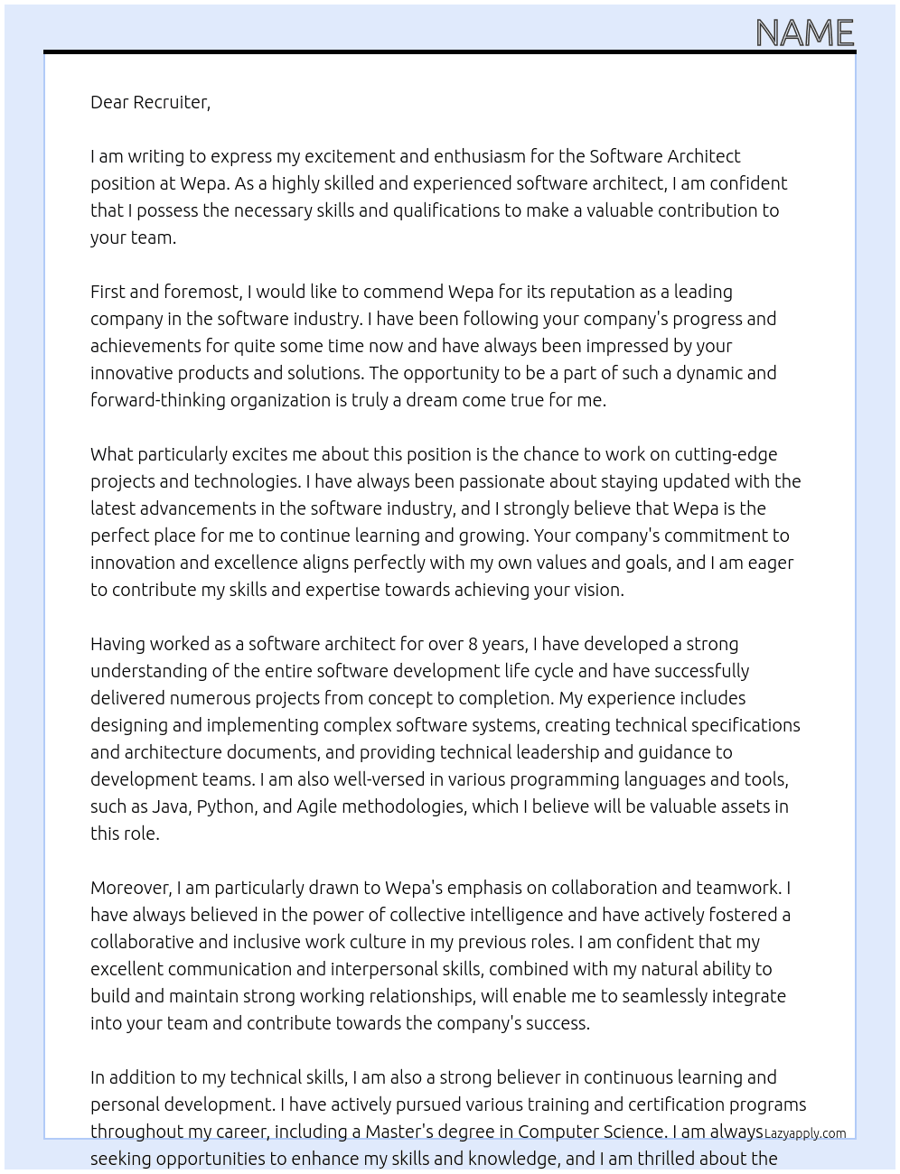 Software Architect At Wepa Cover Letter