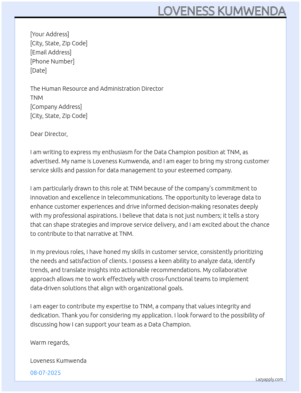Data champion  At TNM Cover Letter