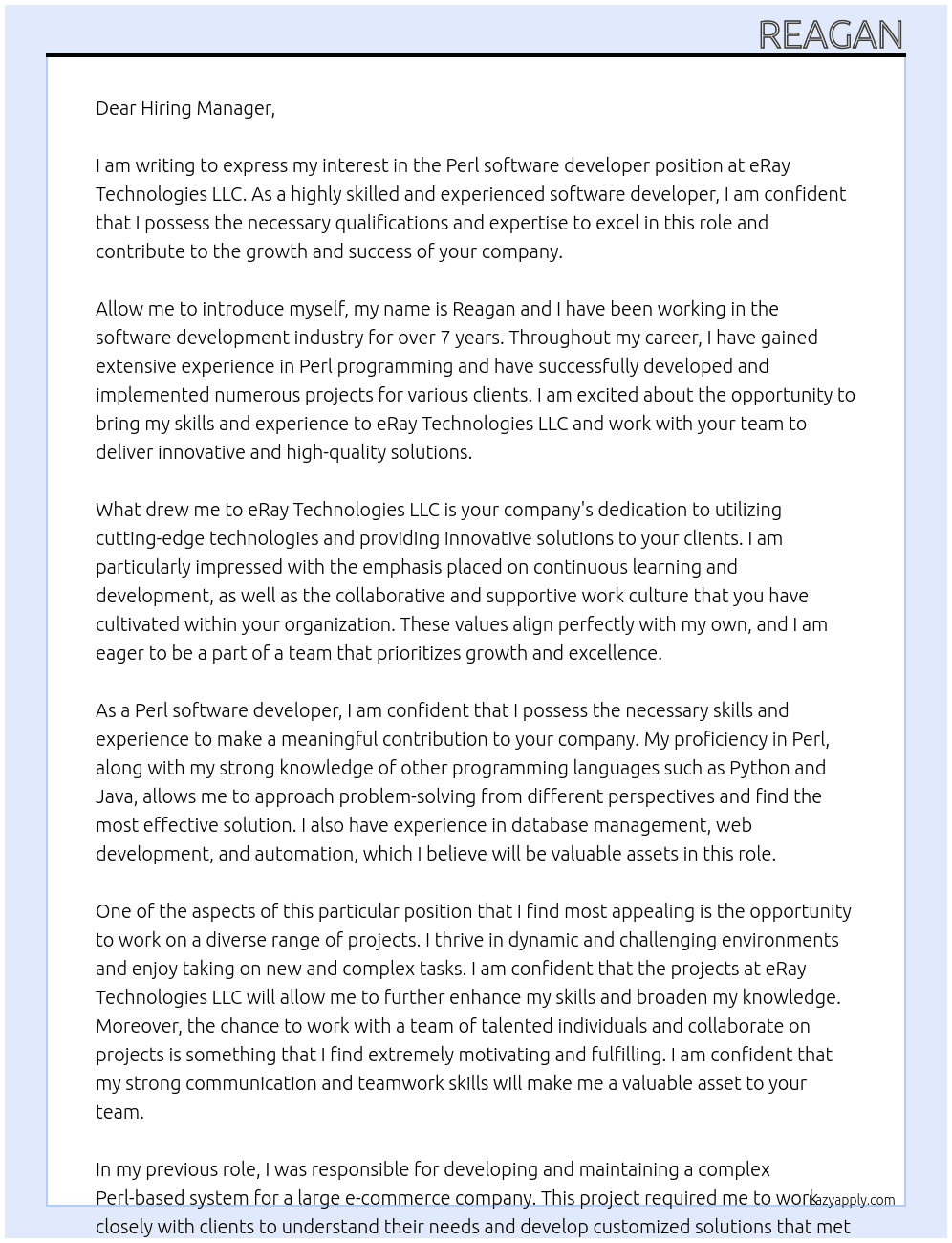 Perl software developer At eRay Technologies LLC  Cover Letter
