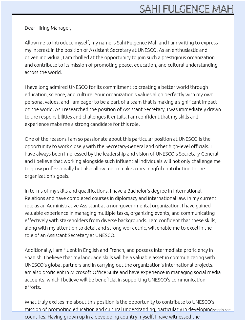 Assistant Secretary At UNESCO Cover Letter
