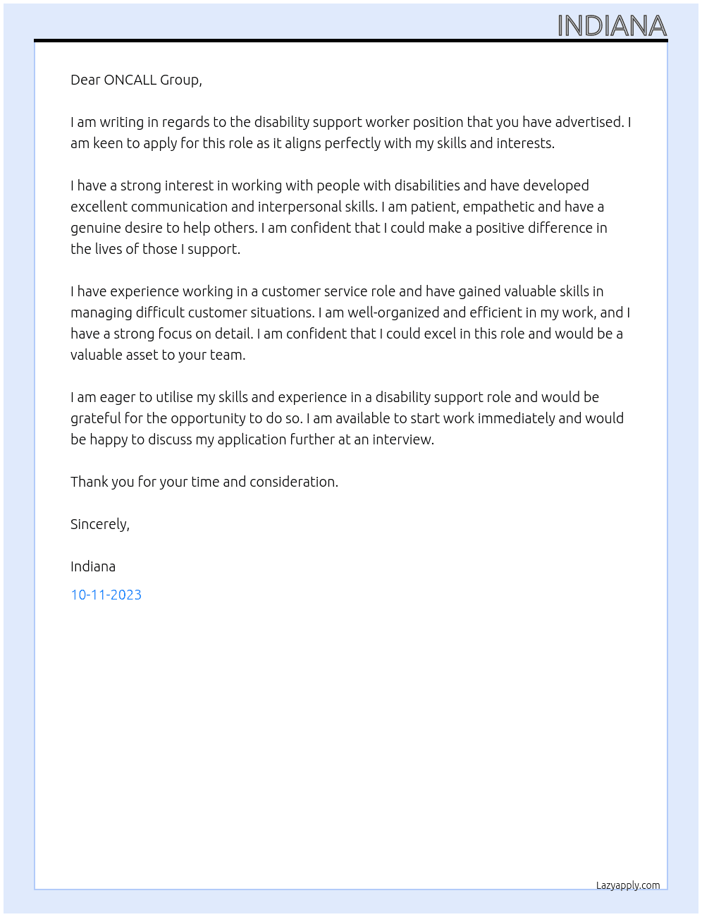disability support worker  At ONCALL Group Cover Letter