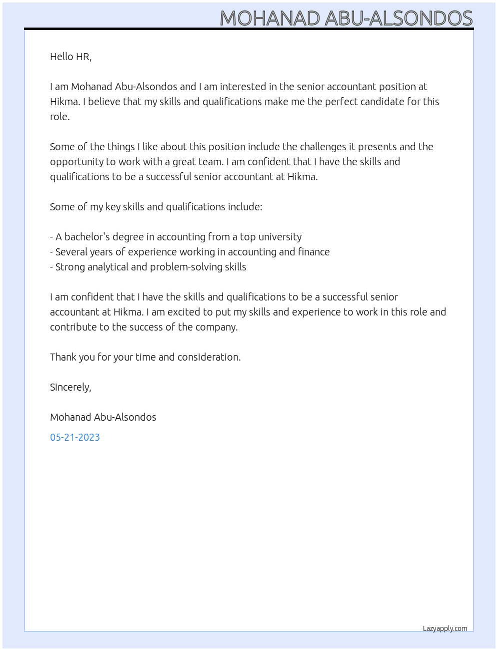 Senior Accountant At hikma Cover Letter