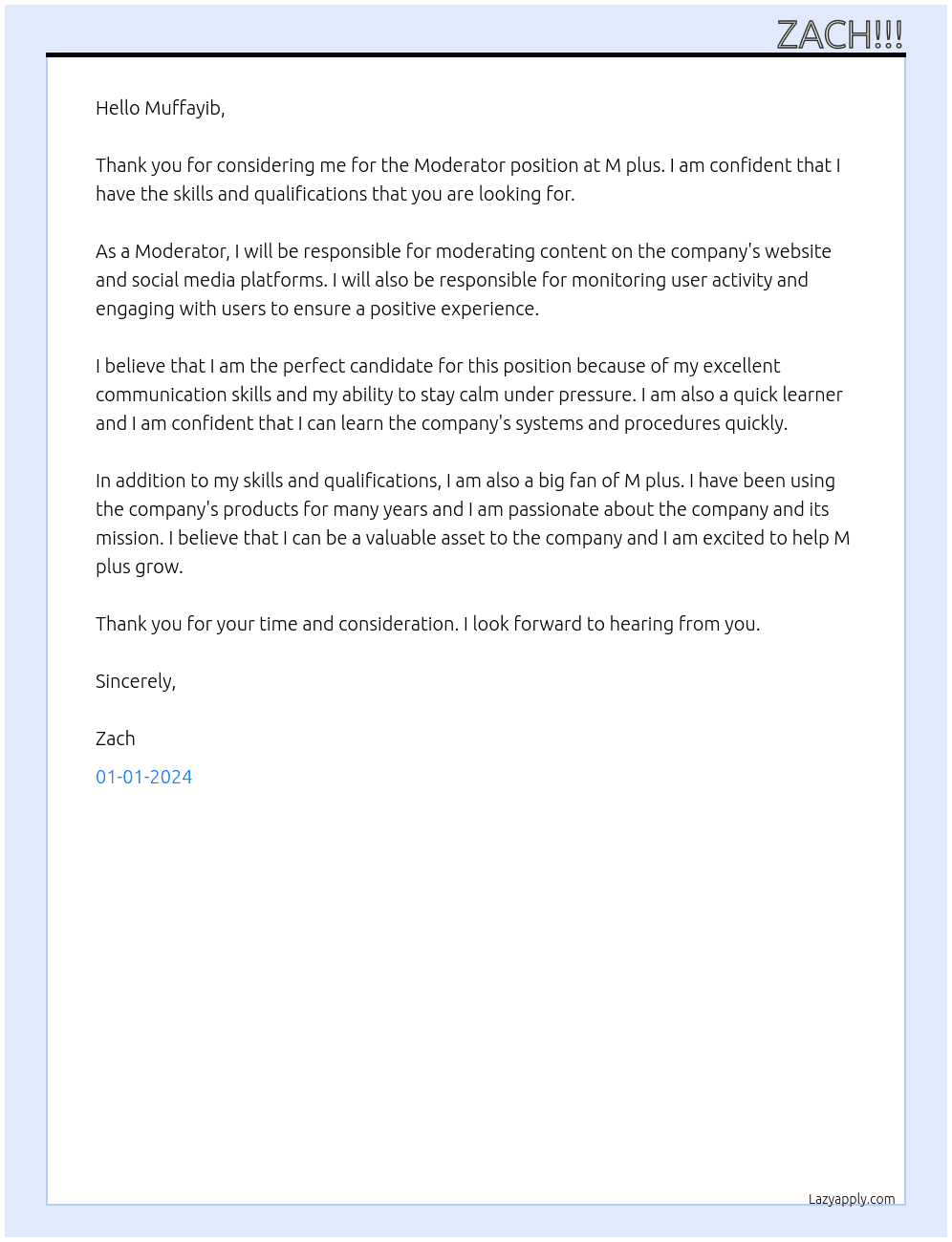 Moderator At M plus Cover Letter