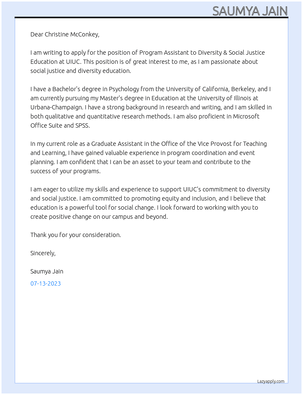 PROGRAM ASSISTANT TO DIVERSITY & SOCIAL JUSTICE EDUCATION At UIUC Cover Letter