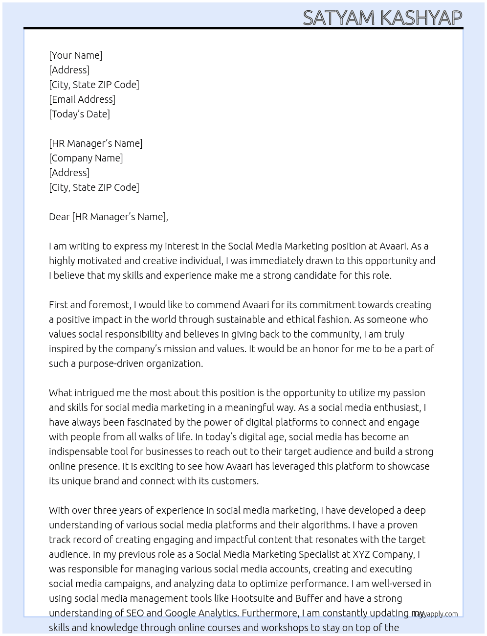 Social Media Marketing  At Avaari Cover Letter