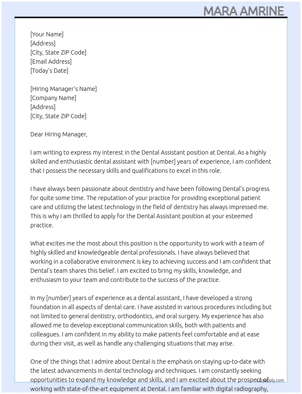 Dental Assistant  At Dental Cover Letter