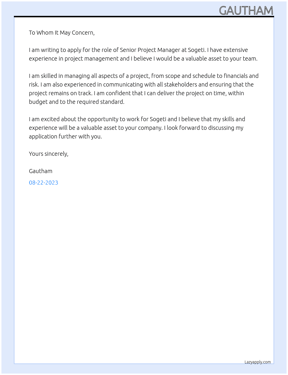 Senior Project Manager At Sogeti Cover Letter