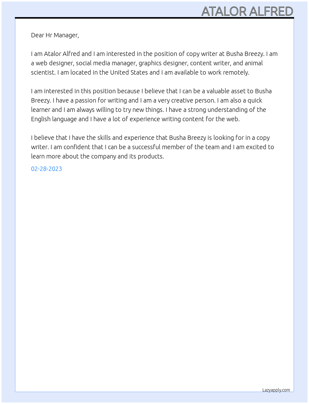 Copy writer At Busha Breezy Cover Letter