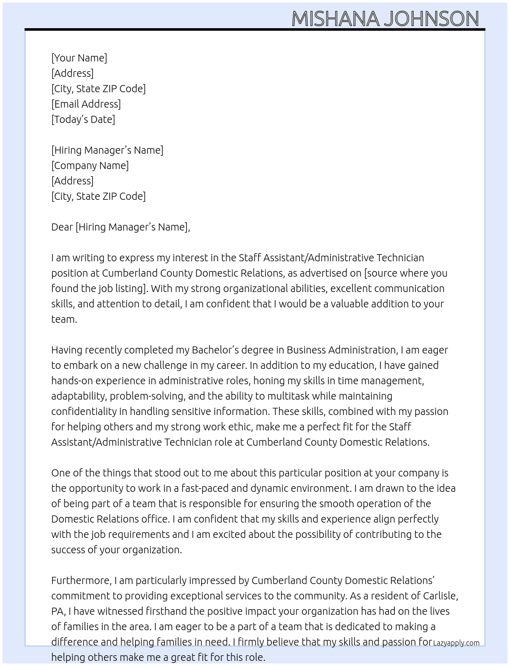 Staff Assistant/Administrative Technician At Cumberland County Domestic Relations  Cover Letter