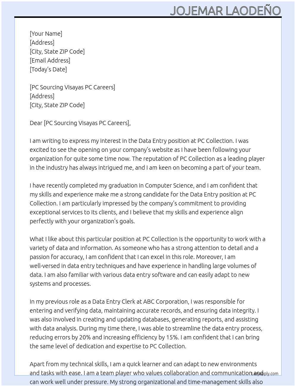 Data Entry At PC collection Cover Letter
