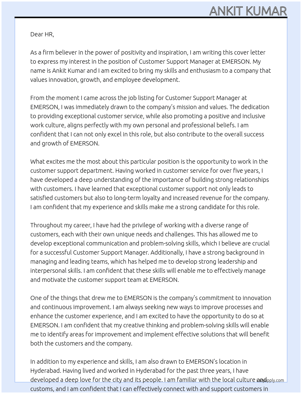 Customer Support Manager At EMERSON Cover Letter