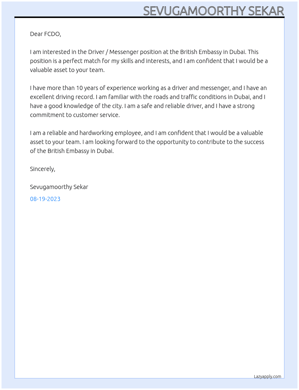 Driver / Messenger At British Embassy - Dubai Cover Letter