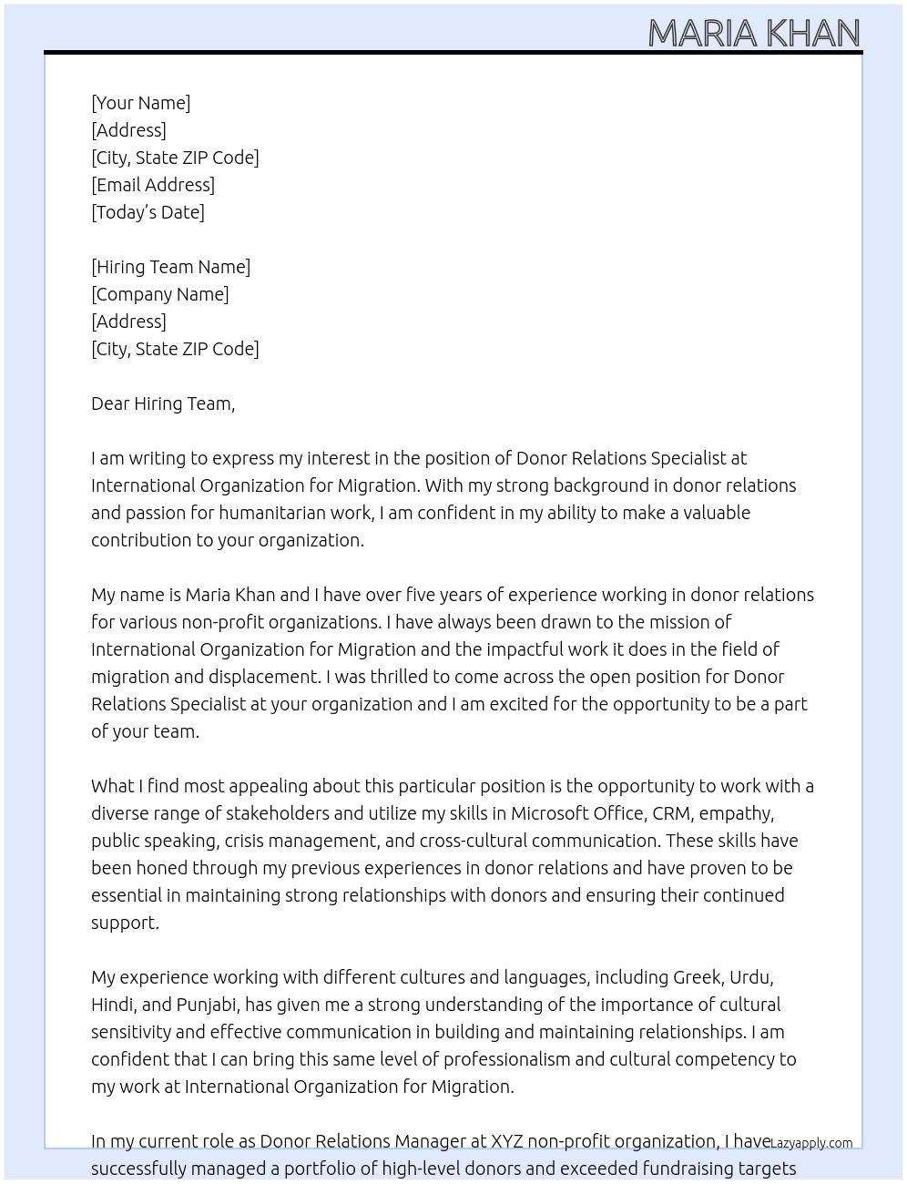 Donor Relations Specialist At International Organization for Migration Cover Letter