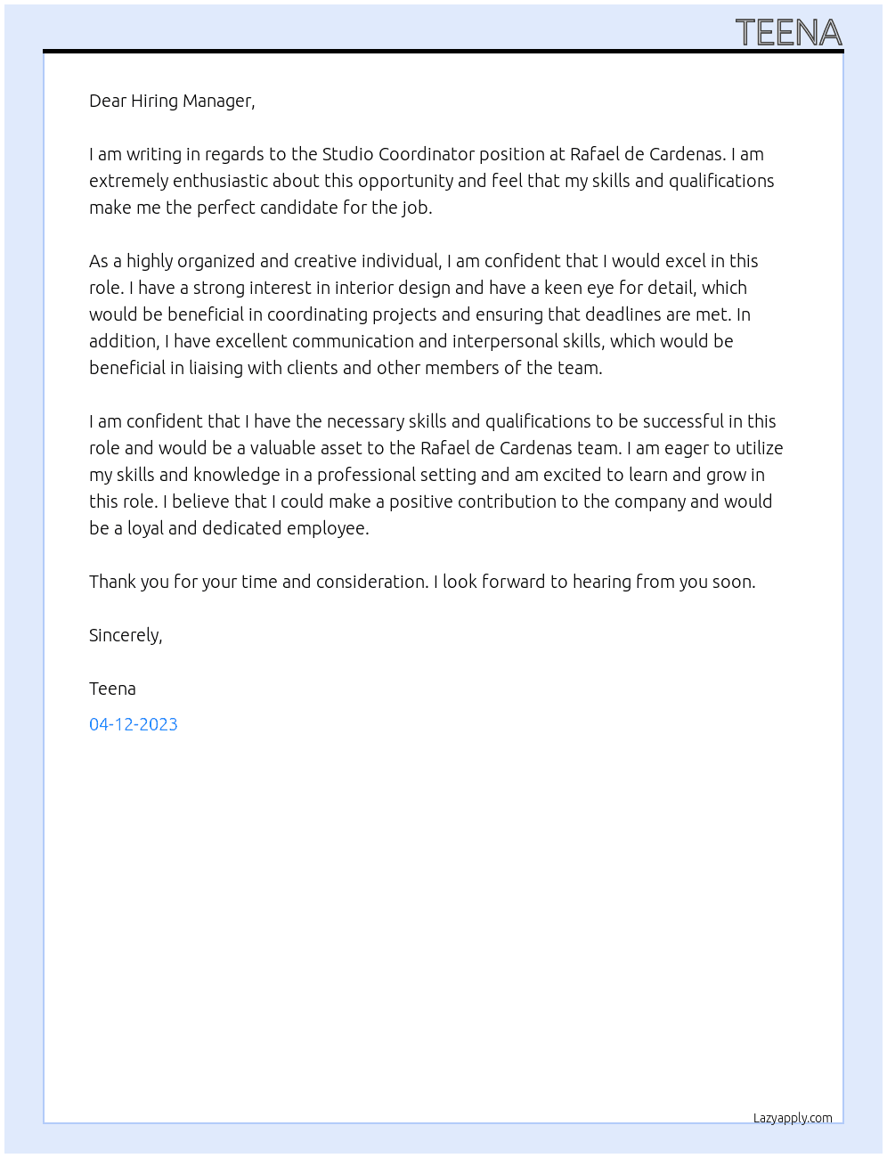 Studio Coordinator At Rafael de Cardenas Cover Letter