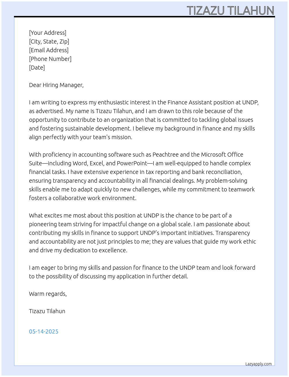 Finance Assistant At UNDP Cover Letter