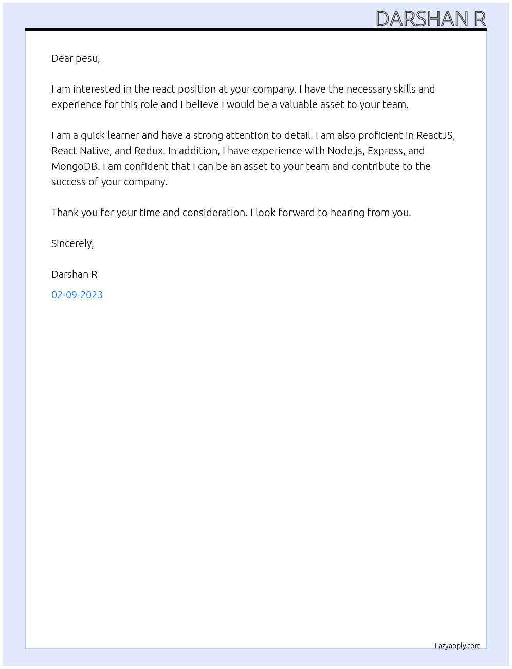 react At pesu Cover Letter
