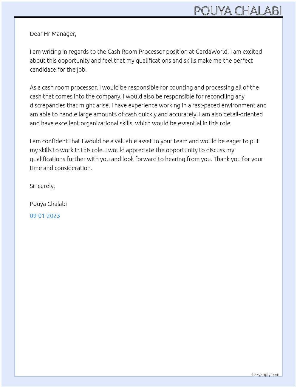Cash Room Processor At GardaWorld Cover Letter