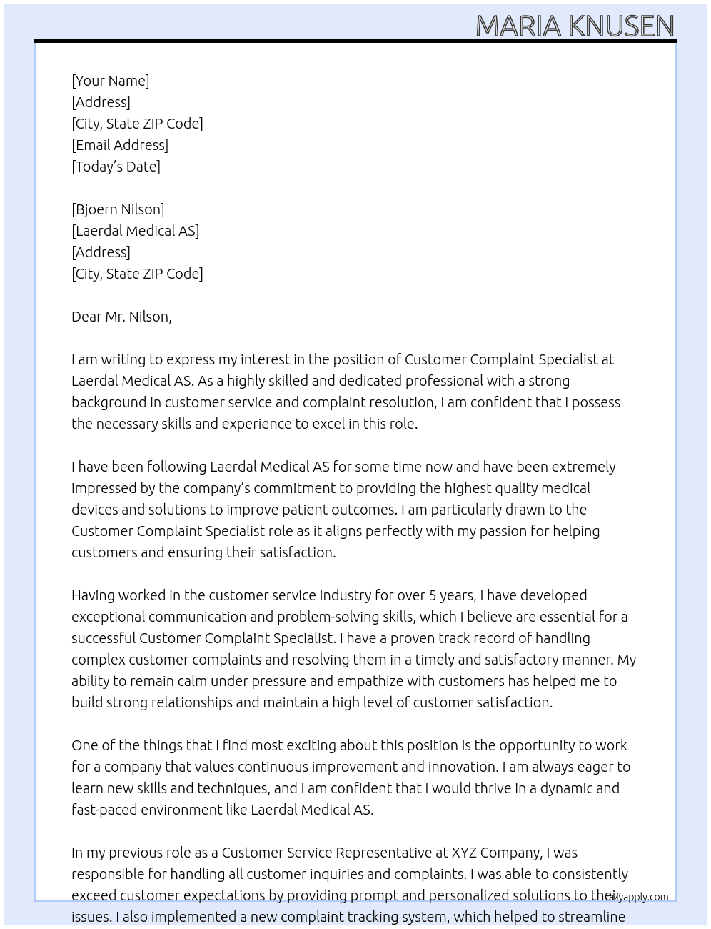 Customer Complaint Specialist At Laerdal Medical AS Cover Letter