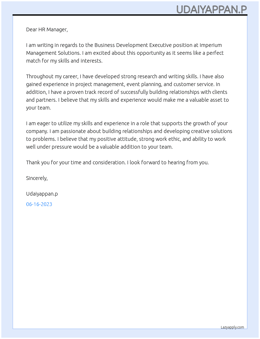 Buisness development executive  At Imperium management solutions  Cover Letter