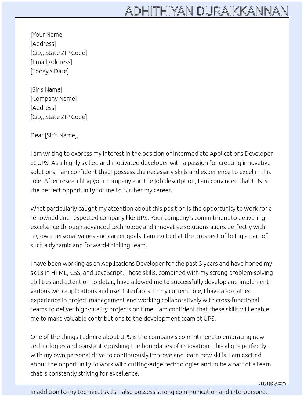 Intermediate Applications Developer At UPS Cover Letter