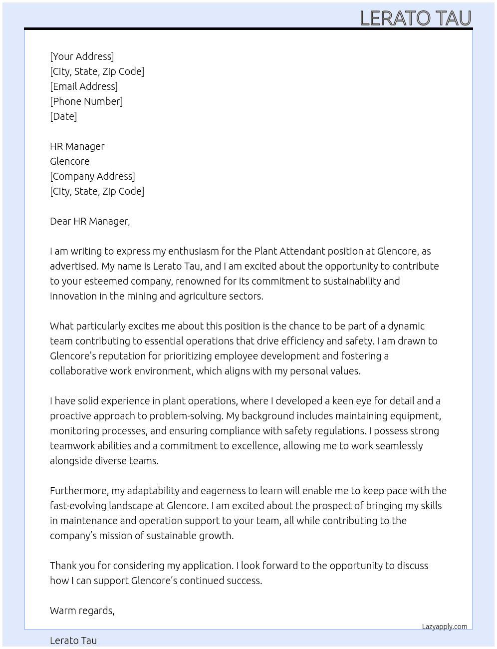 Plant attendant  At Glencore Cover Letter