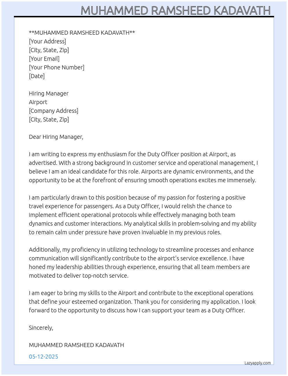 Duety officer At Airport  Cover Letter