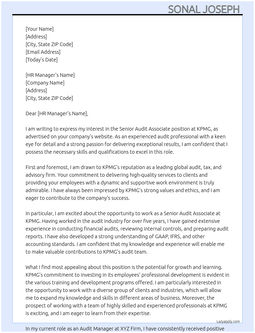 Senior Audit Associate At KPMG Cover Letter