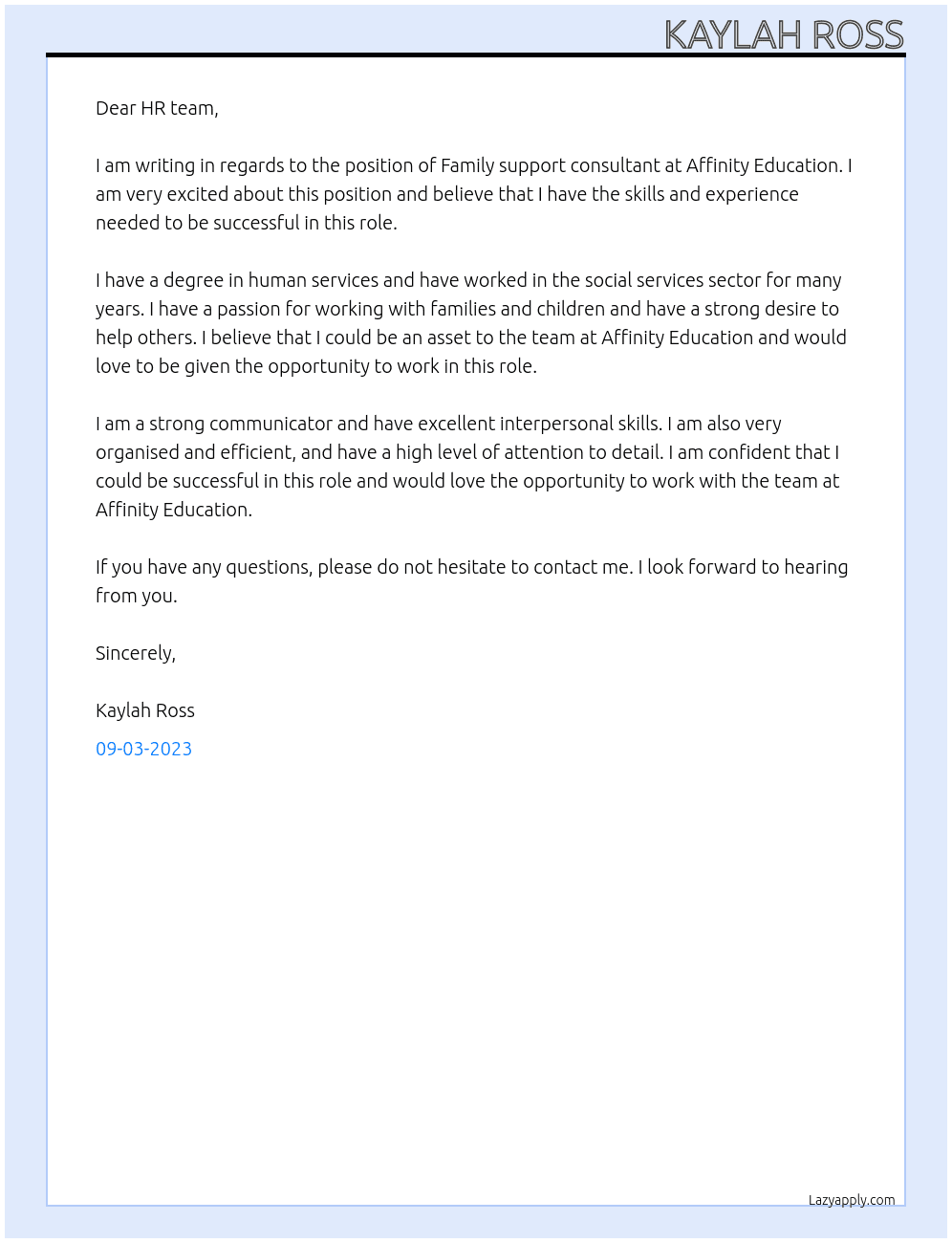 Family support consultant At Affinity Education Cover Letter