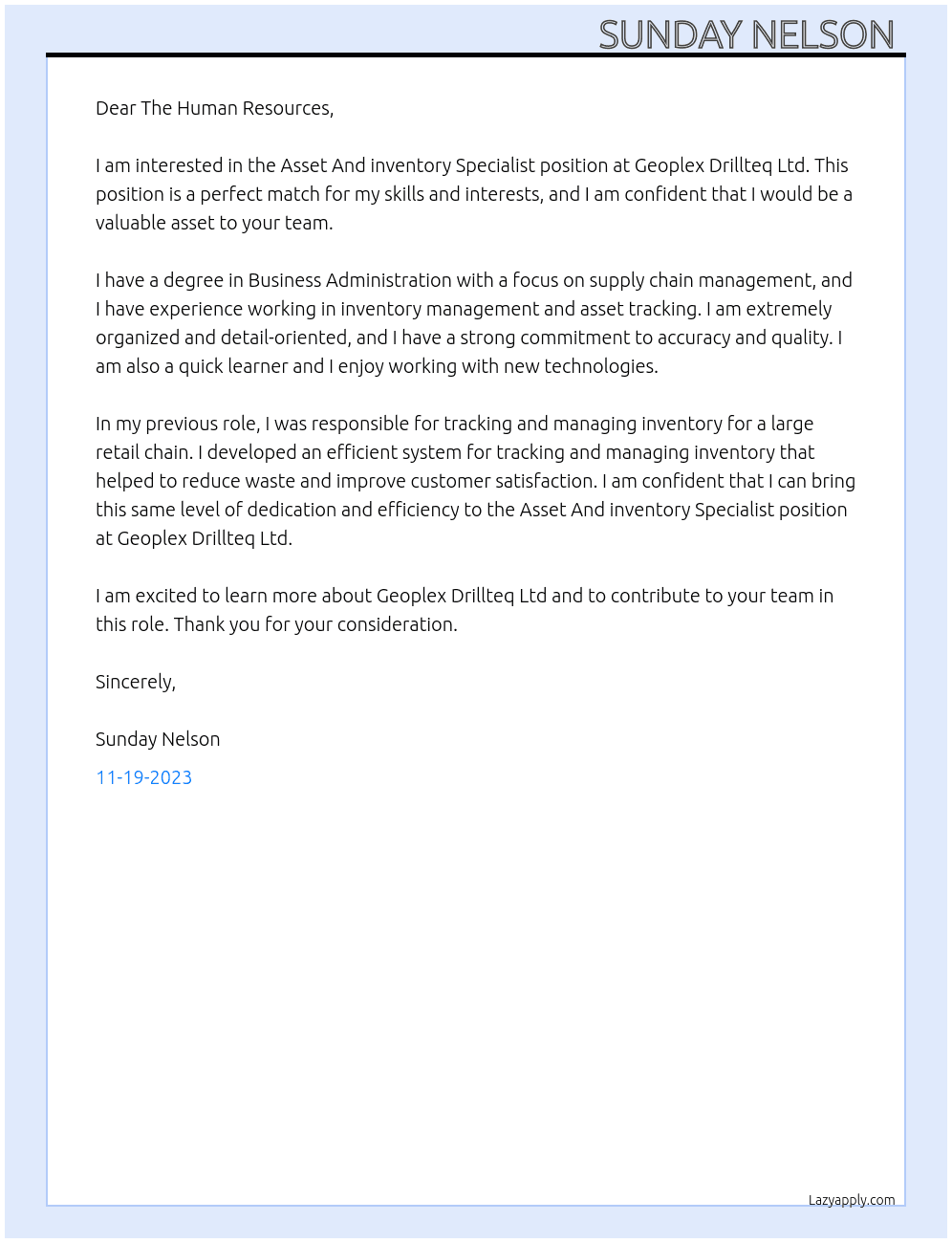 Asset And inventory Specialist At Geoplex Drillteq Ltd  Cover Letter