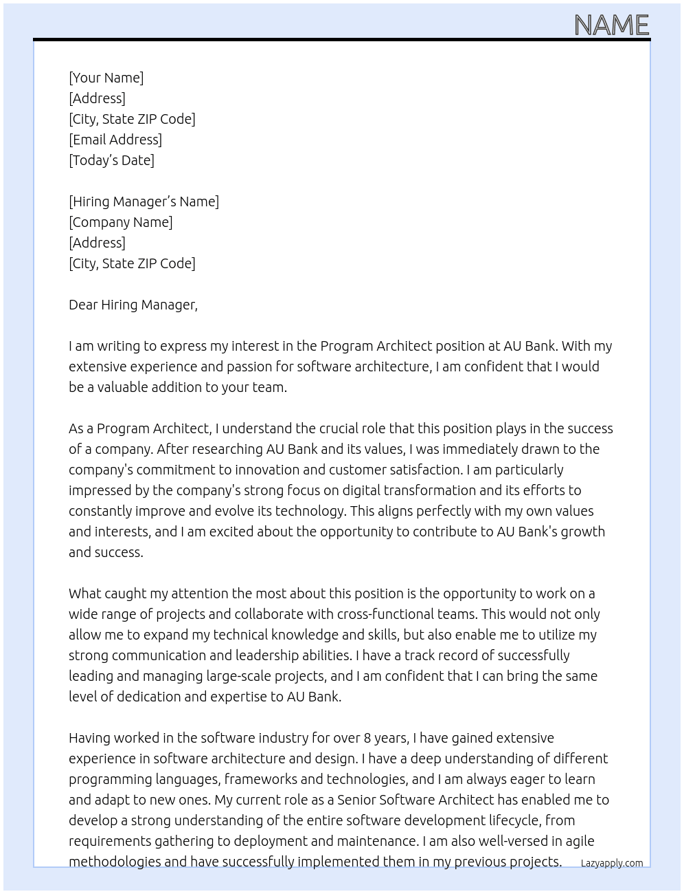 Program Architect At AU Bank Cover Letter