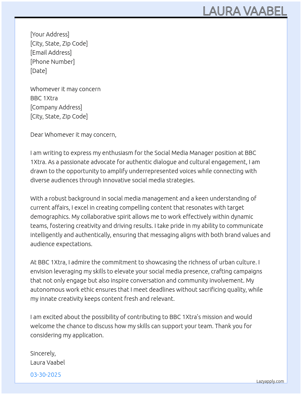 Social Media Manager At BBC 1Xtra Cover Letter