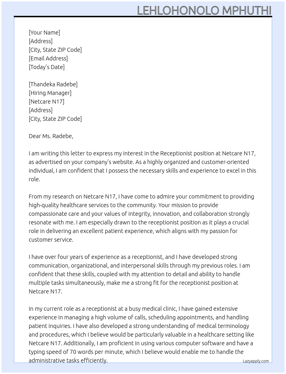 Receptionist  At Netcare N17 Cover Letter
