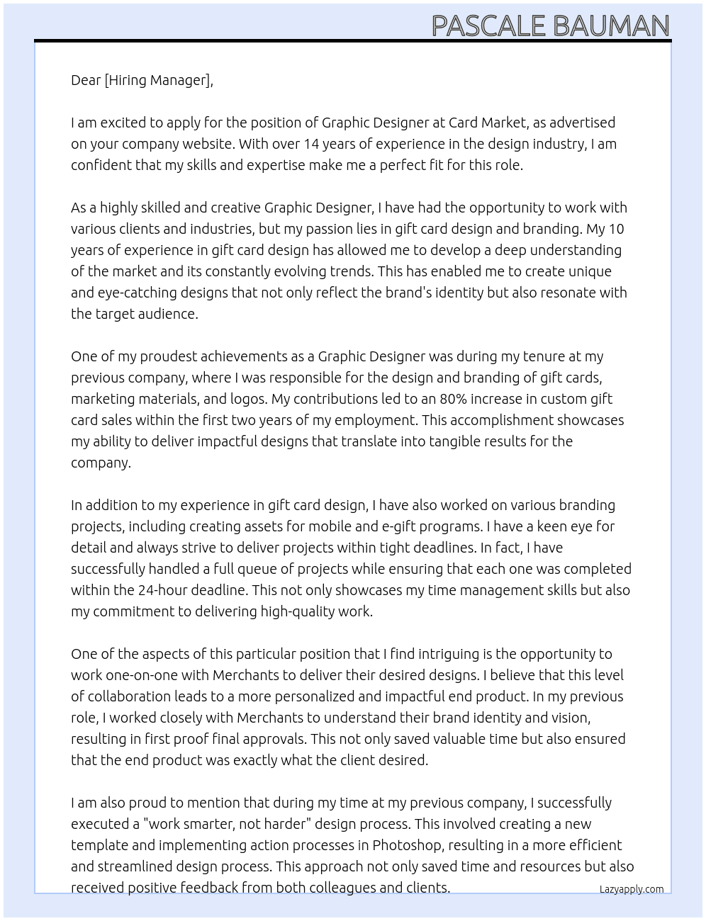 Graphic Designer  At Card Market Cover Letter