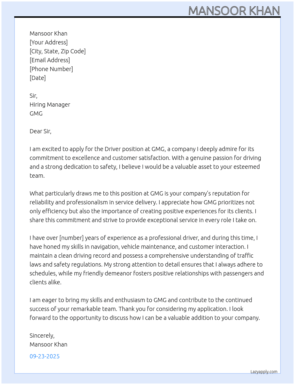 Driver  At GMG Cover Letter