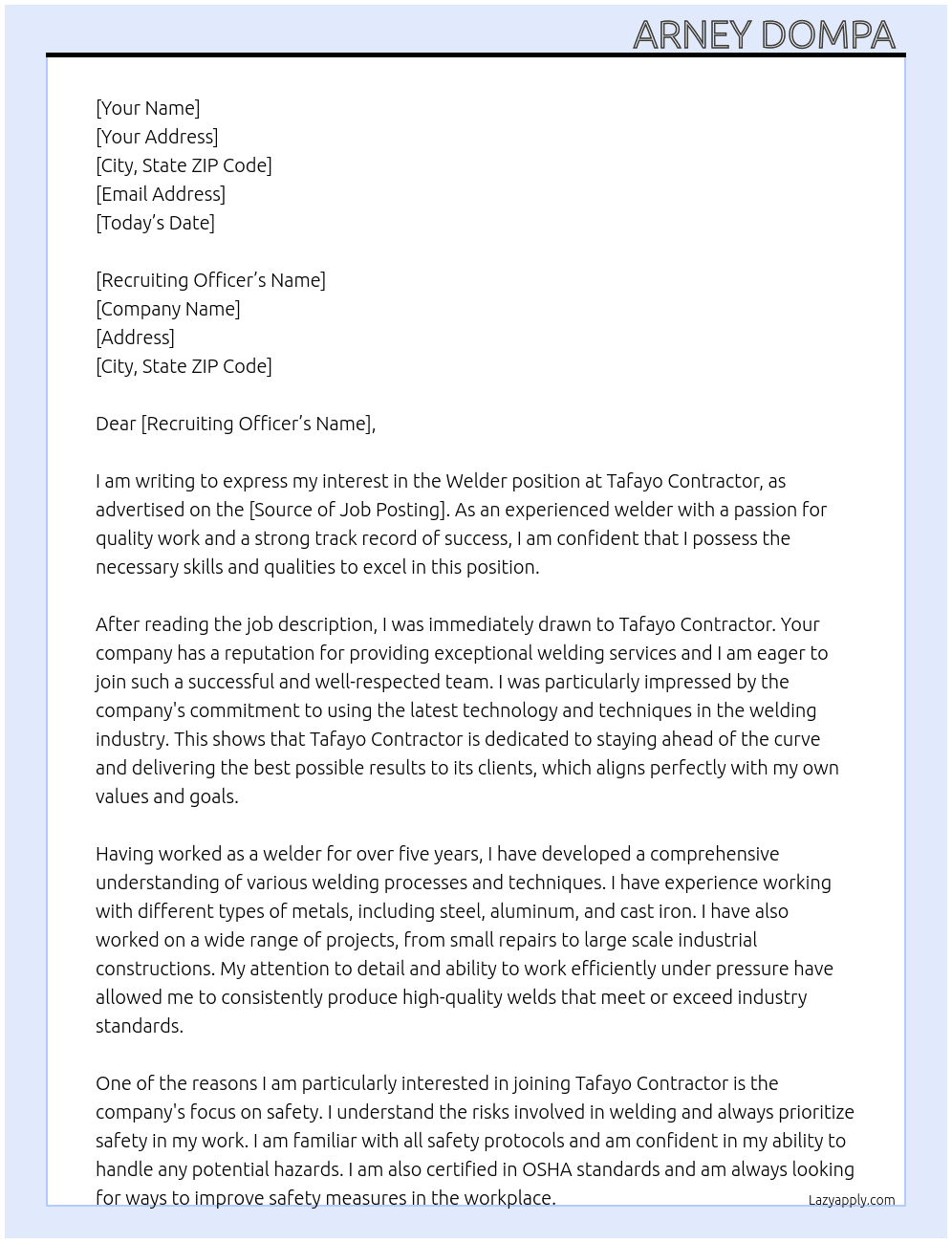 Welder At Tafayo Contractor  Cover Letter