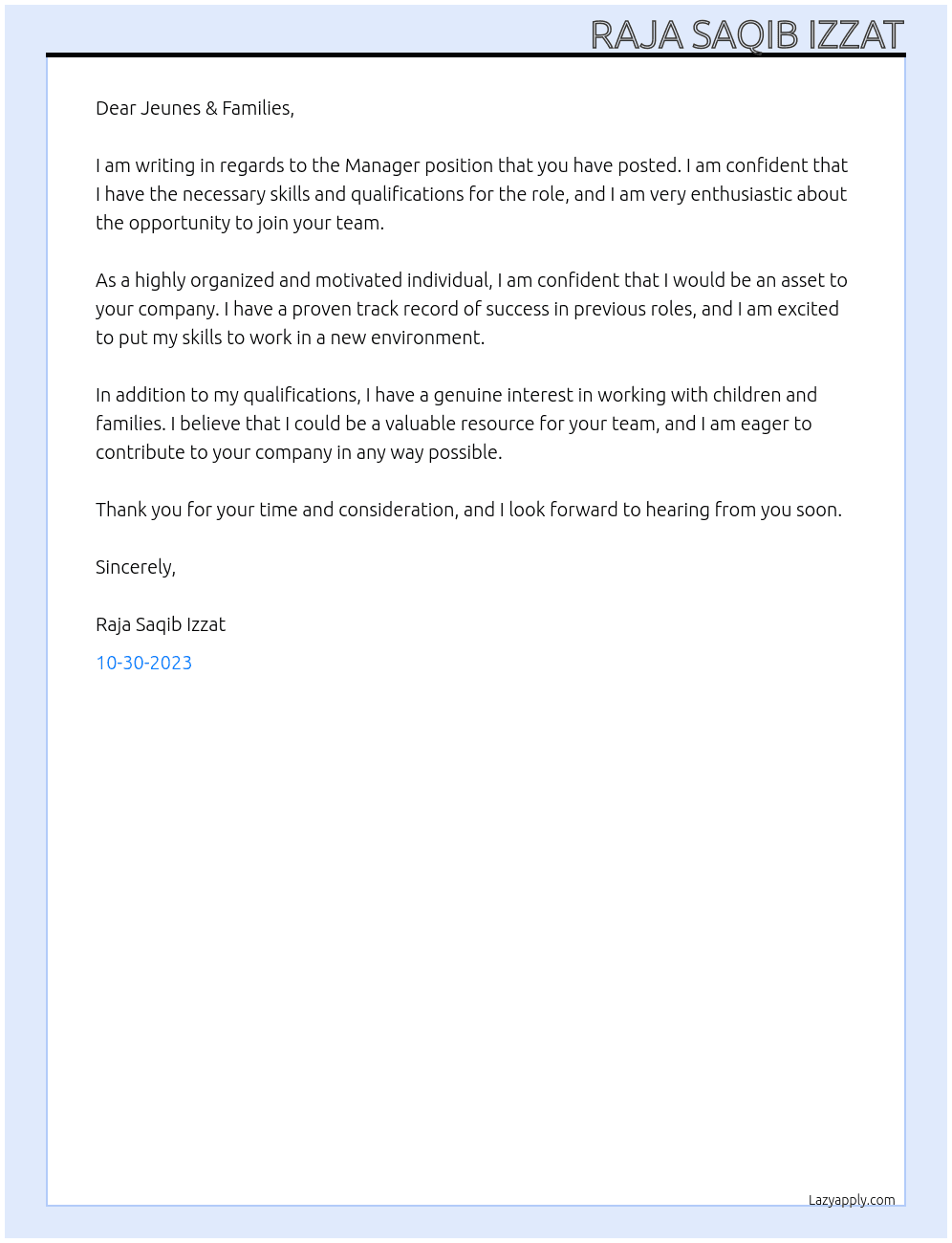 Manager At Jeunes & Families  Cover Letter