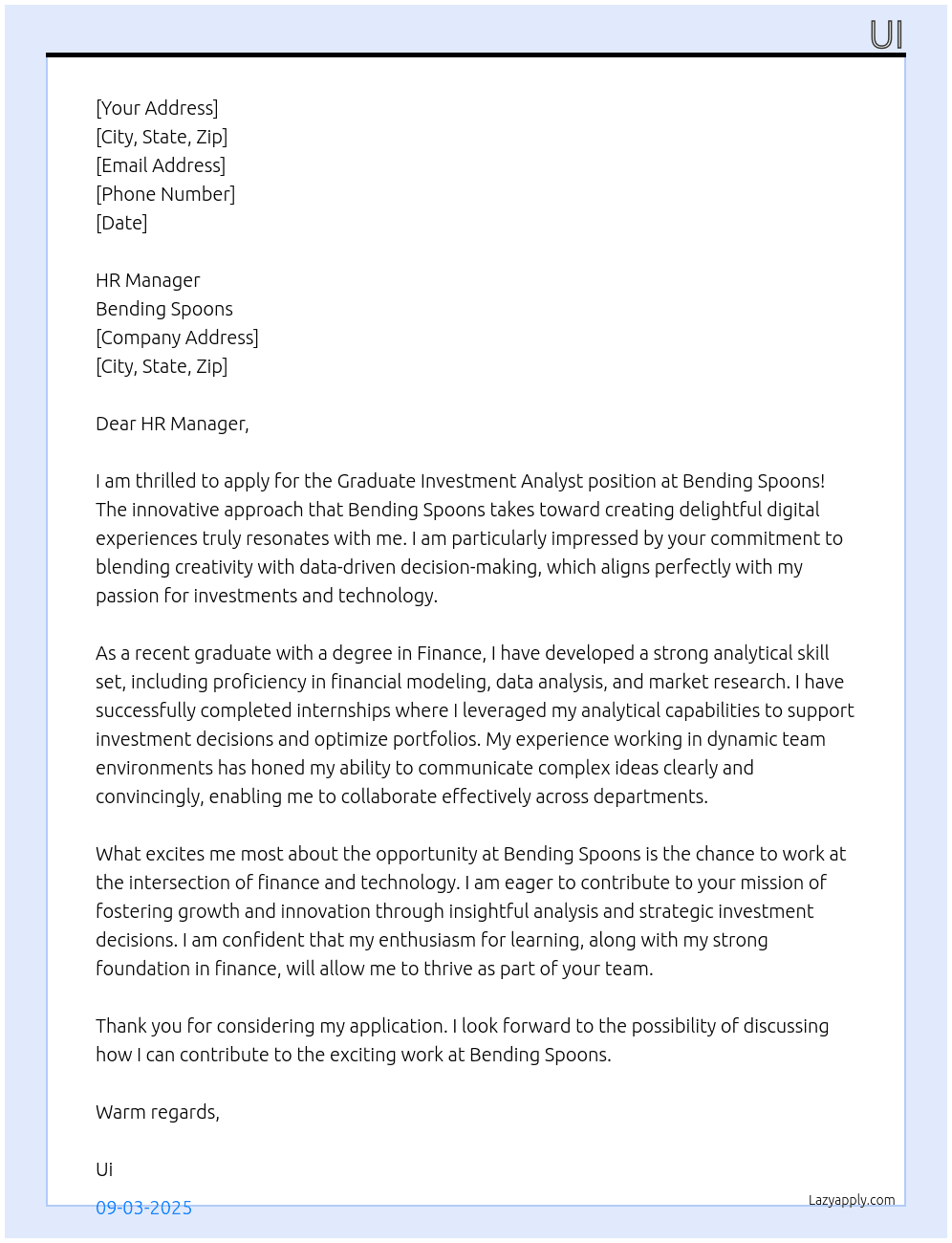 Cover letter for graduate investment analyst - LazyApply