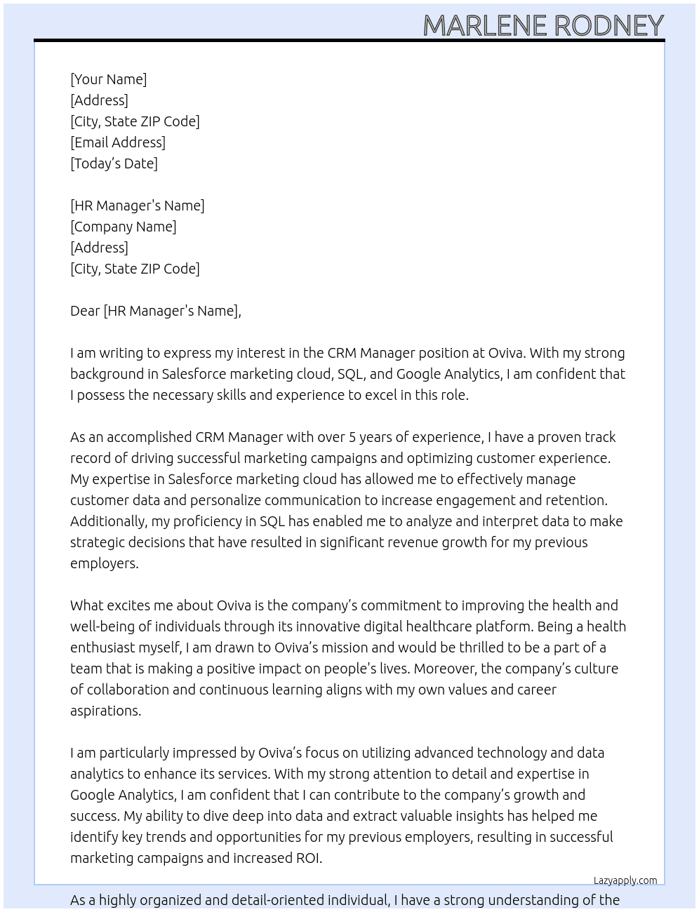 CRM Managet At Oviva Cover Letter