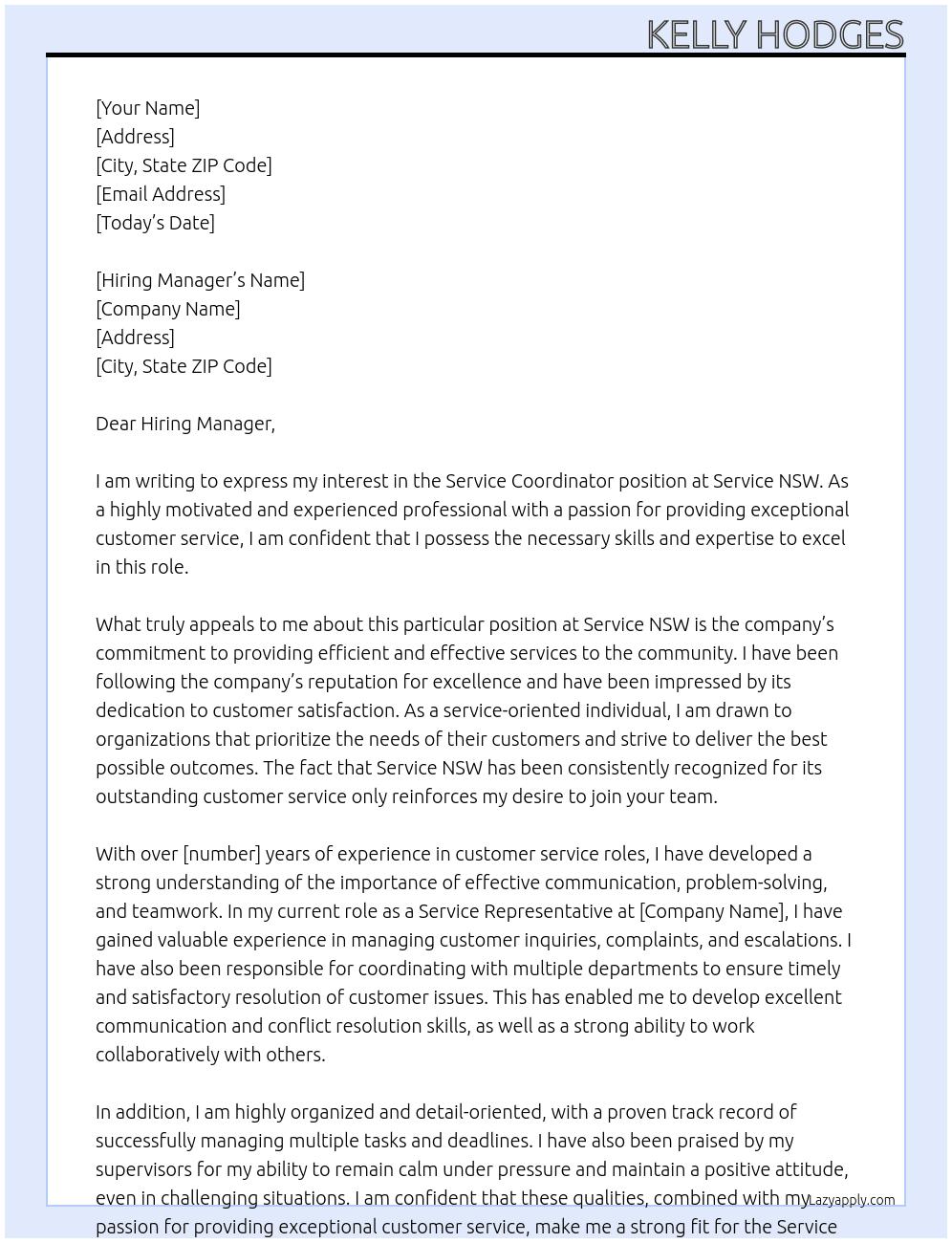 Service Coordinator At Service NSW Cover Letter