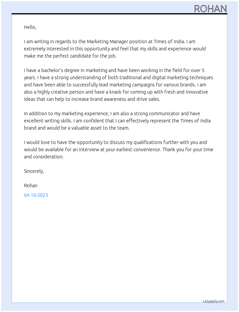 Marketing manager At Times of India Cover Letter