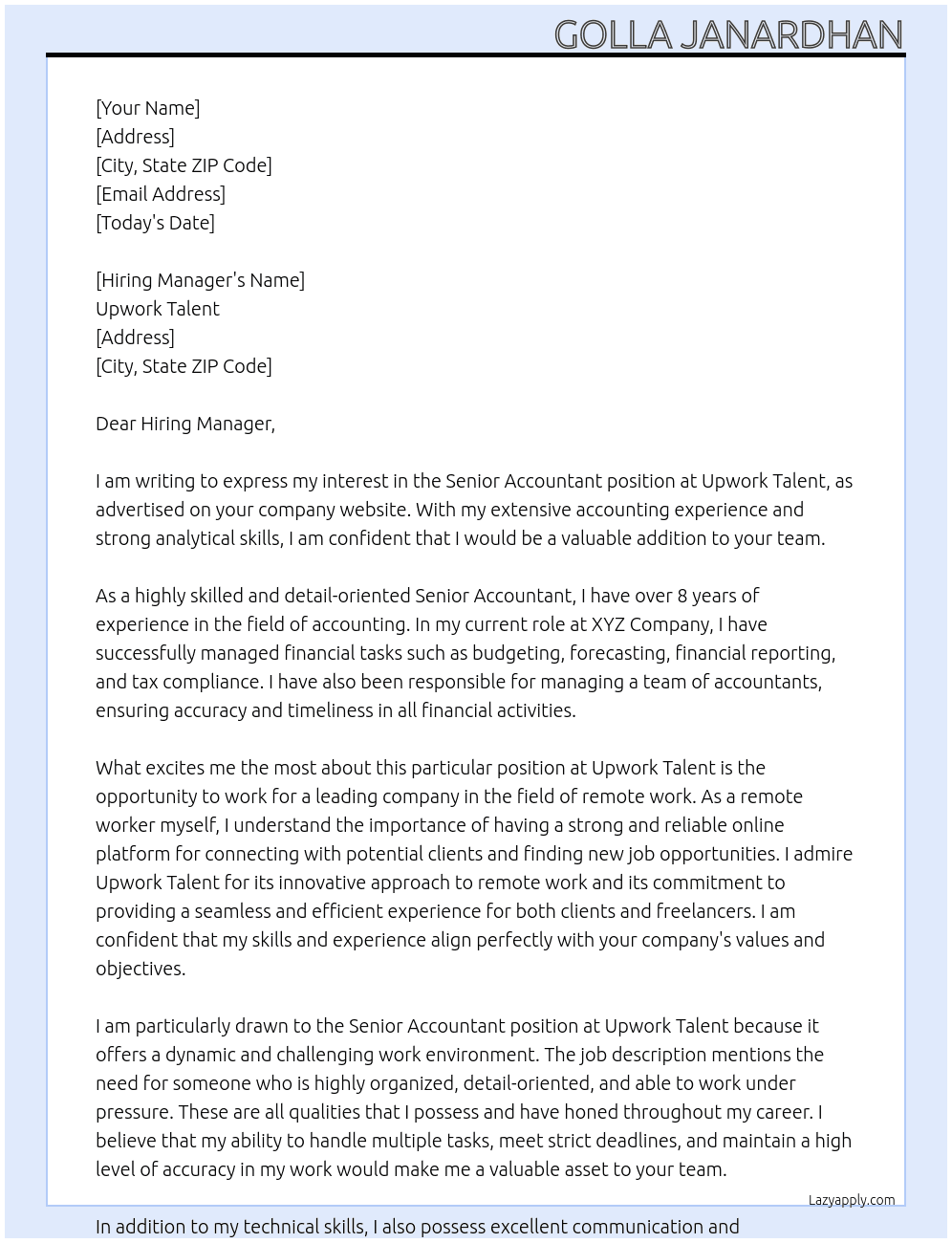 Senior Accountant At Upwork Talent Cover Letter