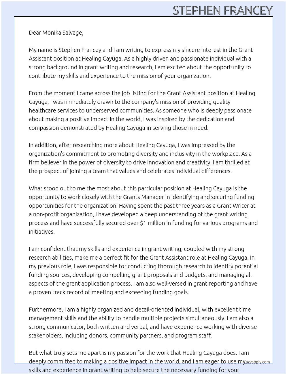 Grant Assistant At Healing Cayuga Cover Letter