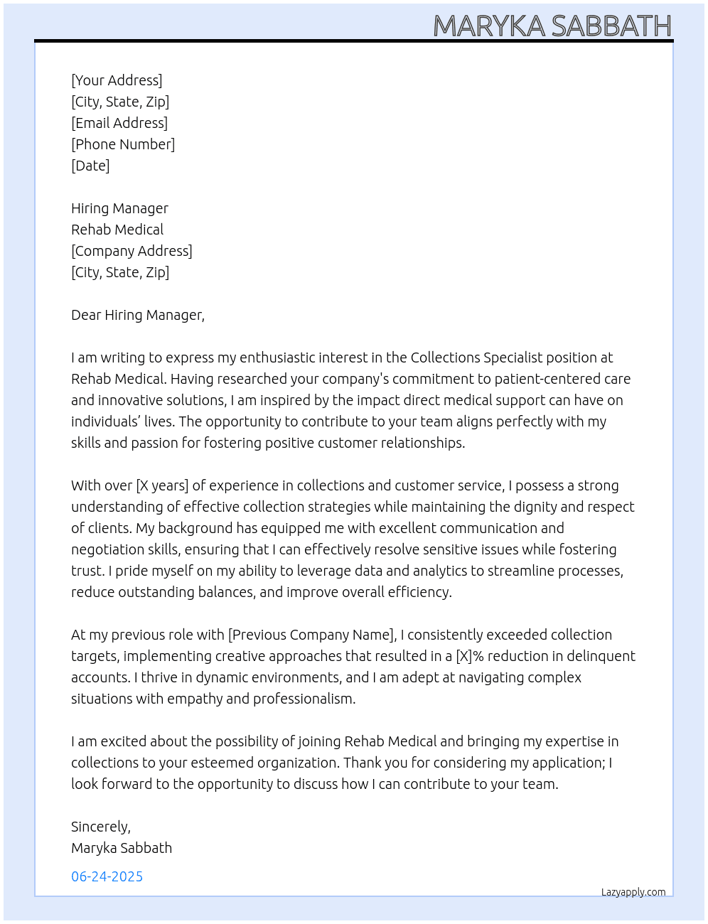 Collections Specialist  At Rehab Medical Cover Letter