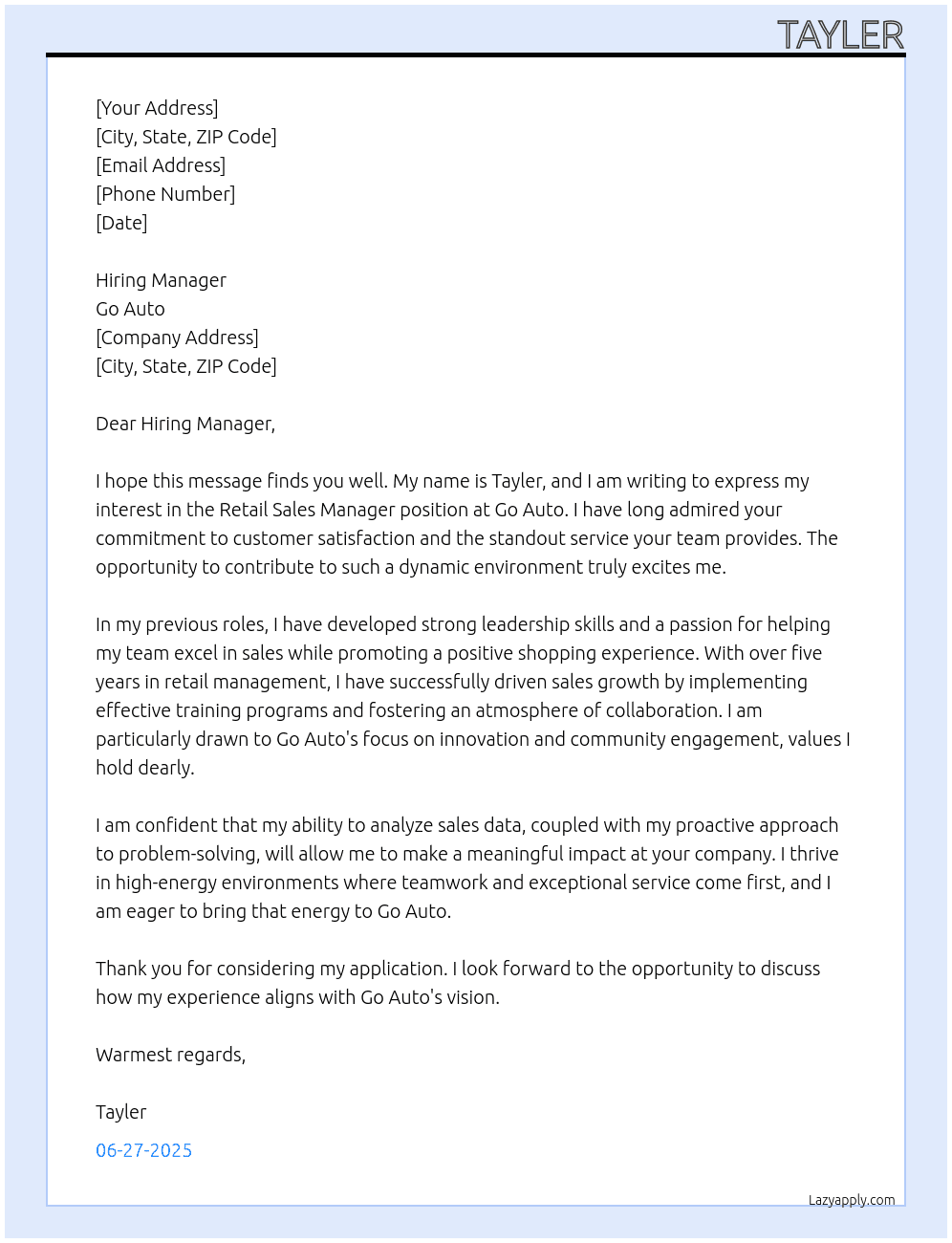 Retail Sales Manager At Go Auto Cover Letter