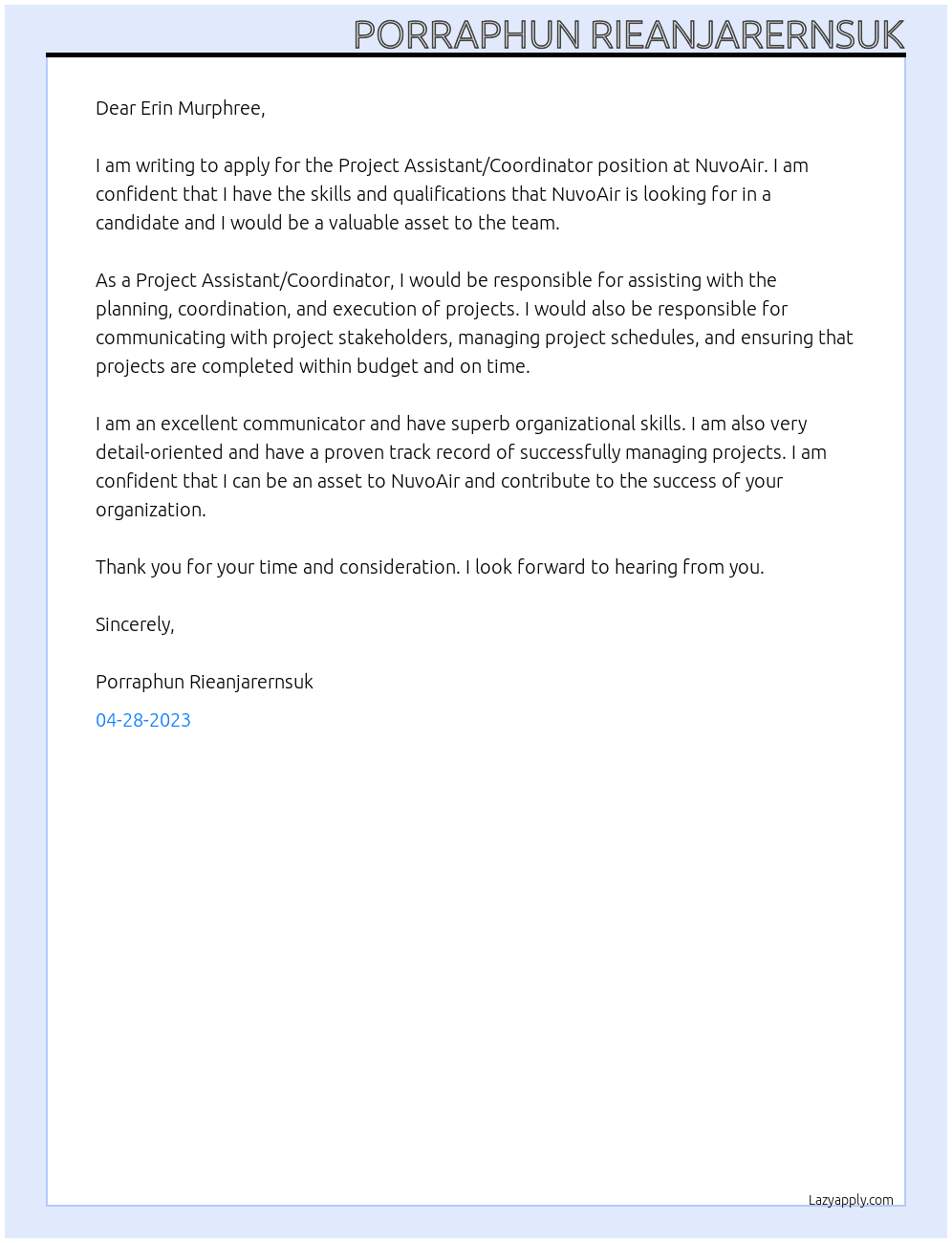 Project Assistant, Coordinator At NuvoAir Cover Letter