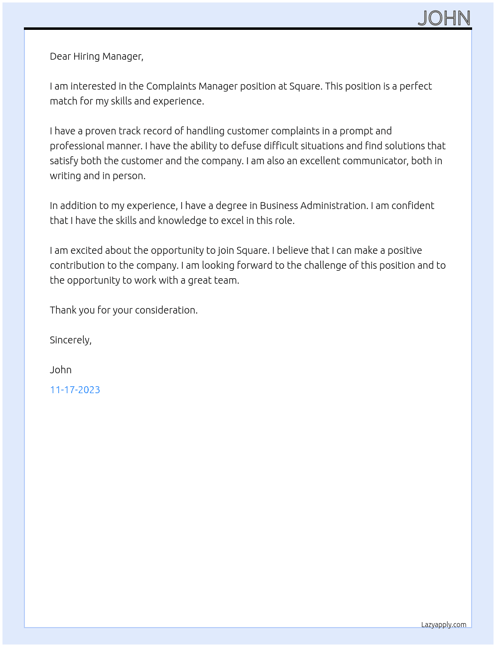 Complaints Manager At Square Cover Letter