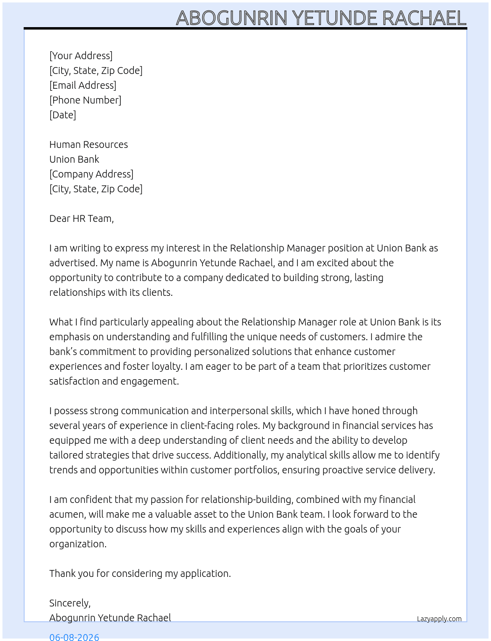 Relationship manager At Union bank Cover Letter