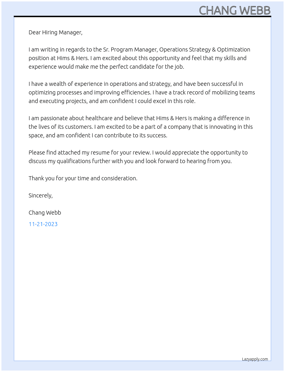 Sr. Program Manager, Operations Strategy & Optimization At Hims & Hers Cover Letter